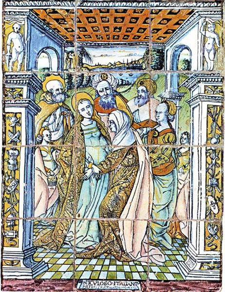 Réf. R15 - La Visitation. Dim. 156x112 cm. Il s'agit du premier panneau d'azulejos jamais peint, chapelle royale de l'Alcazar de Séville, réalisé par Francisco Niculoso, peintre pisan installé à Séville vers 1500
