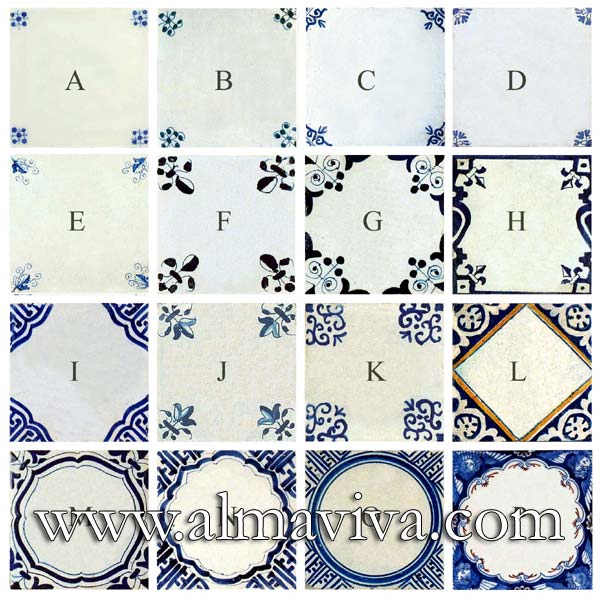 Ref. DC11 - 16 examples of patterns for corners. Delft tiles are composed with a decor in the centre (character, flower, animal, etc.) and 4 corner motifs.