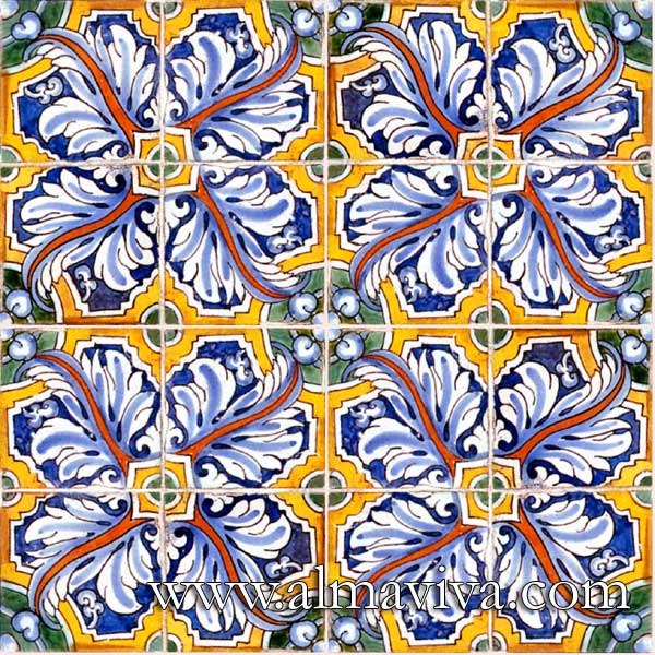 Réf. AC06 - Azulejos avec feuille d'acanthe polychrome. Carreaux de 15x15 cm