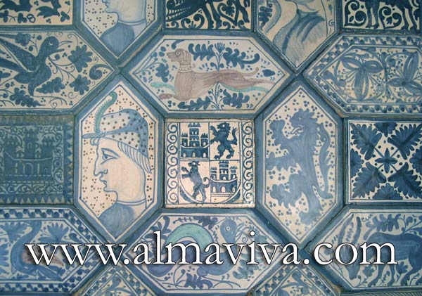 Ref. MA12 - Ornemental tiling composed with oblong hexagonal tiles 30x15 cm (about 12''x6'') surrounding square tiles 15x15 cm (about 6''x6''), The design of the figurative subjects announce the beginnings of Renaissance