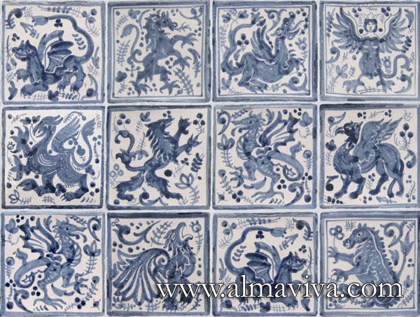 Ref. MA01 - Fantastic medieval animals. Tiles 10x10 cm (about 4''x4''), often used as insert tiles (''cabochons'') (see image MA11)
