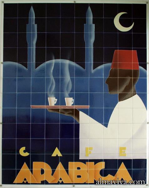 Réf. AN54 - Panneau de céramique sur le thème de la publicité pour le café Arabica. Dim. 150x180 cm