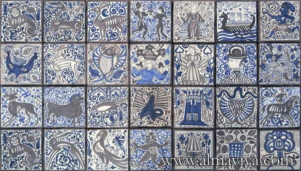 Ref. MA04 - Medieval tiles. Tiles 20x20 cm (about 8''x8''), painted in black and blue. Hispanic patterns from the 15th c.