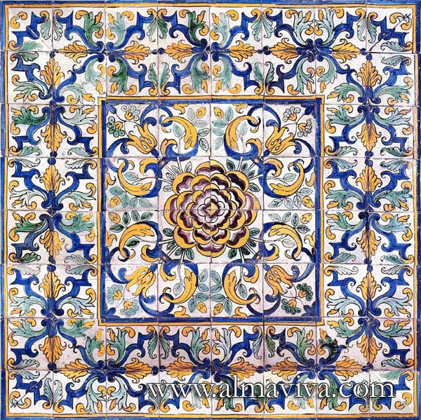 Réf. AC02 - Panneau d'azulejos à rosace centrale. Carreaux de 13x13 ou 15x15 cm