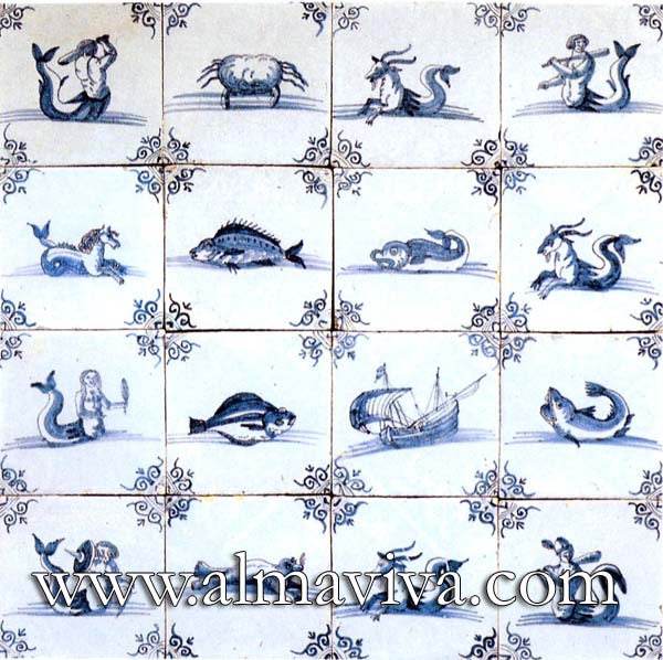 Ref. DC13 - Nautical creatures, tiles 13x13 or 15x15 cm (about 5''x5'' or 6''x6''). Corner motif : oxhead