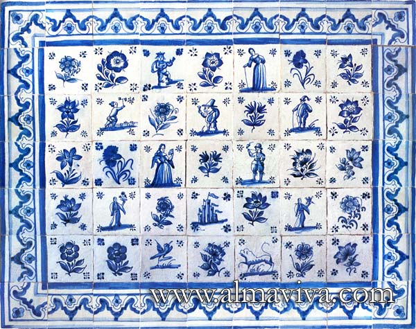 Réf. AC21 - Azulejos de ''figura avulsa'' (voir lexique). Carreaux de 13x13 ou 15x15 cm. Typique de la production portugaise des XVIIe et XVIIIe siècles. C'est une reprise du principe décoratif des carreaux de Delft
