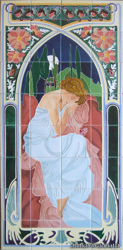 Réf. AN50 - Reproduction sur carreaux de céramique de la lithographie Repos de la Nuit d'Alfons Mucha. Dim. 120x60 cm