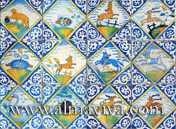 Ref. DC08 - Polychrome Animals. Tiles 13x13 or 15x15 cm (about 5''x5'' or 6''x6''), painted in diamond; corner motif : palmette in reserve