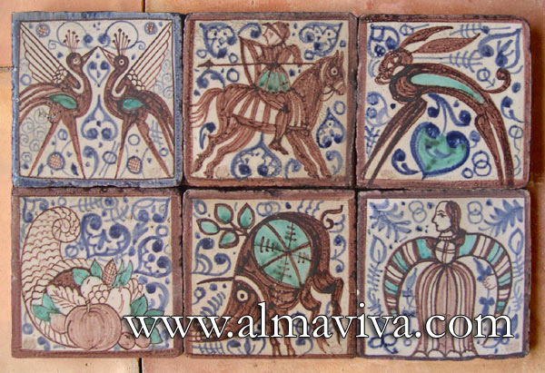 Réf. MA13 - Carreaux médiévaux espagnols, 15x15 ou 20x20 cm, peints en manganèse, cuivre et cobalt