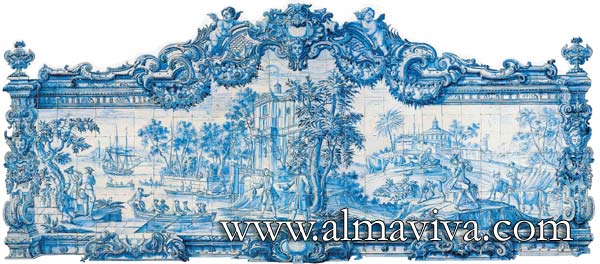Ref. A65 - Azulejo mural with baroque frame. Dim. 4,65x2,10 m (about 15'x6,9'). The original of this panel is exhibited in the Madre Deus Convent, the Azulejos Museum in Lisbon