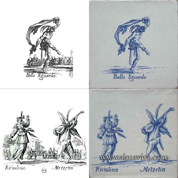 Ref. CD19 - Commedia Dell'Arte Characters. Tiles 20 x 20 cm (about 8''x8''). Reproduction of 17th c. engravings (see archives)