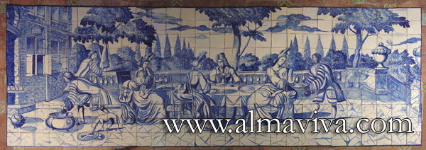 Ref. A56 - Large azulejo panel with meal scene. Dim. 4,2x1,5 m (about 14'x5'). Reproduction of panels painted by Dutch artisans for a Portuguese mansion. Some of the panels seen in Portugal were in fact painted in the Netherlands