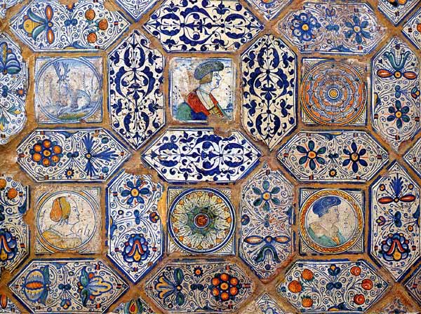 Ref. R17 - Polychromatic pavement. Octagons composed with oblong hexagonal tiles surrounding square tiles. Painted in Anvers (nowadays in Belgium) around 1530