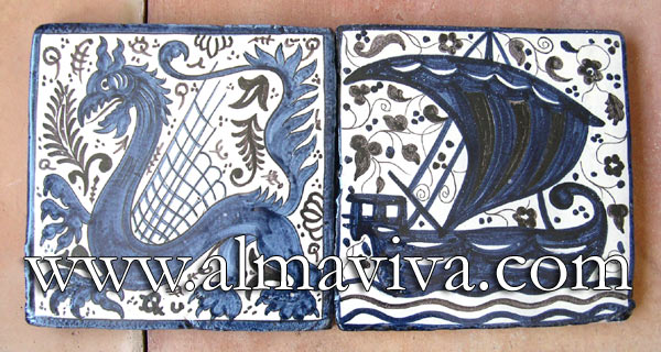 Ref. MA15 - Medieval tiles, 20x20 cm (about 8''x8'') painted with manganese and cobalt oxides (see keywords)