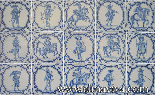 Ref. DC04 - Army rabble from Beauregard. These tiles are a reproduction of those forming the floor in the Illustrious Galery, Beauregard Castle (Loir-et-Cher). They measure 15x15 cm (about 6''x6'') and are inspired by Jacques De Ghey