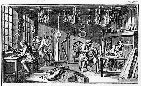 Réf. AG11 - Gravure ''Atelier de luthier'' des années 1750, issue des planches des métiers de l'Encyclopédie de Diderot et d'Alembert (voir Archives)
