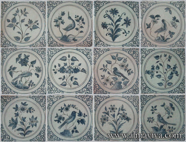 Réf. DC28 - Réédition de carreaux de Montpellier aux motifs de fleurs et oiseaux dans un cercle, avec 4 écoinçons, carreaux de 15x15 cm