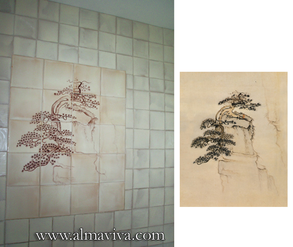 Ref. CD15 - Tree on Mont Huang. Dim 80x100 cm (about 31,5'x3,3'). Aside, the pattern that inspired this tile panel