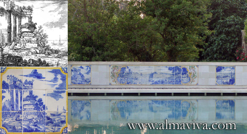 Ref. A33 - Swimming pool. The left azulejos panel (in the zoom) has been inspired by a Piranesi engraving (below). Non freezing tiles 22x22 cm (about 8,6''x8,6'')