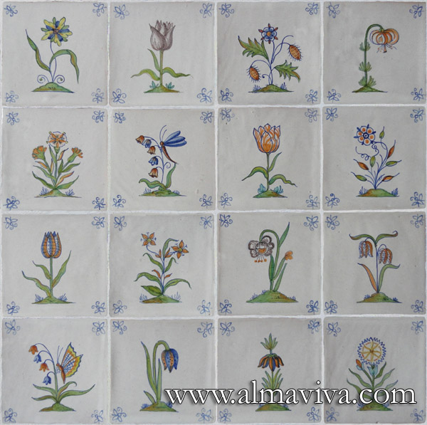 Ref. DC01 - Polychromatic flowers. Tiles 13x13 or 15x15 cm (about 5''x5'' or 6''x6''). Corner motifs : bee