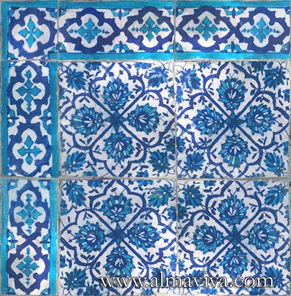 Ref. OR7 - Sindh style tiles (see keywords), dim. 15x15 cm (about 6''x6''), and frieze