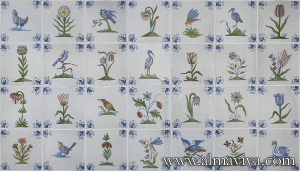 Ref. DC23 - Flowers and birds. Tiles 13x13 ou 15x15 cm (about 5''x5'' or 6''x6''). Corner motif : wine leaf