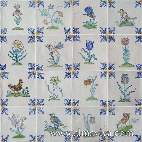 Ref. DC10 - Flowers and birds. Tiles 13x13 ou 15x15 cm (about 5''x5'' or 6''x6''). Corner motif : lily