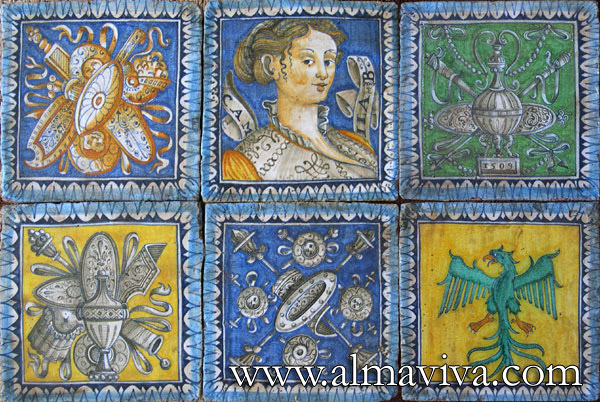 Ref. R13 - Urbino tiles. Portrait and trophies, 20x20 cm (about 8''x8'')