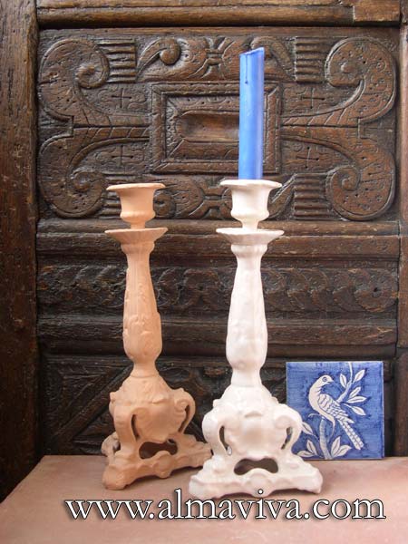 Ref. 210 - Candlestick - H 30 cm (about 11,8''). Pattern from the 18th c. One is a simple biscuit and the other one is enamelled in white