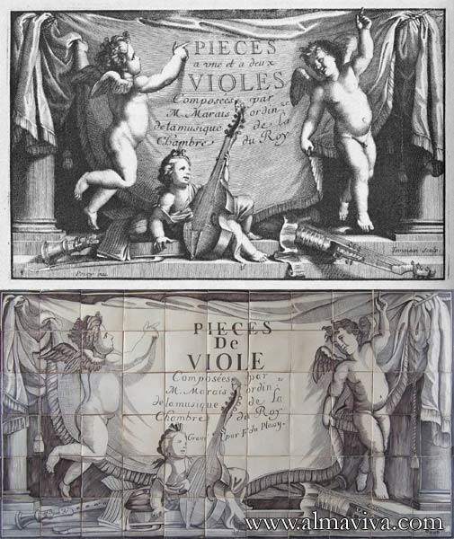 Réf. A20 - Dim. 165x90 cm. Tableau de céramique imitant la technique de la gravure. Frontispice de l'édition originale des Pièces de viole de Marin Marais. Gravure de 1686 de Fr. du Plessy