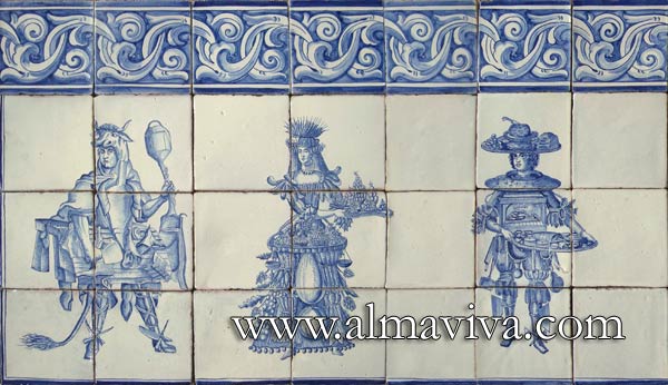 Ref. AC10 - 17th c. Characters of various trades inspired by engravings of Nicolas Larmessin. 15x15 cm tiles (about 6''x6''). Reproduction of engravings representing the costumes of professions. Here, the butcher, the fruiterer and the pastrycook